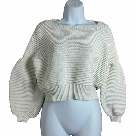 Fate By Lfd White Sweater Sz Medium Ribbed Puff Sleeves Cotton Structured Thick - Picture 3 of 10